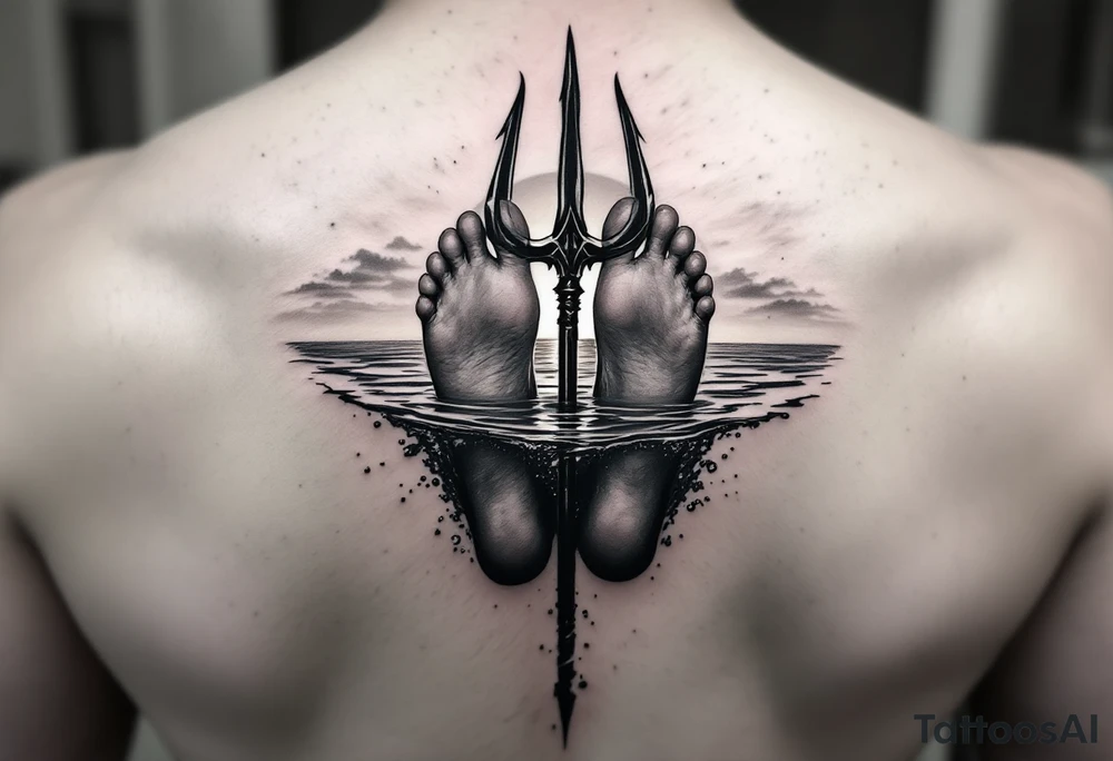 barefeet behind trident half way under water and sunset tattoo idea