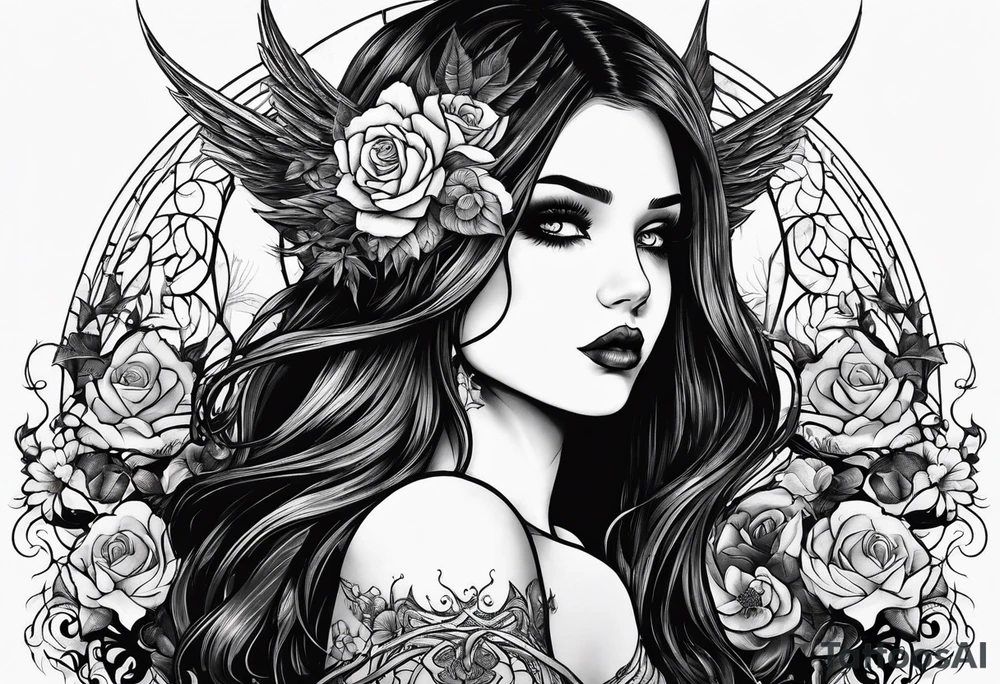 Emo goth feminine sexy demon and angel women tattoo idea