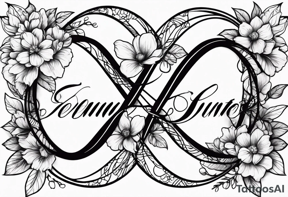 Infinity symbol with February, June, July and September birth flowers on one side and the date 8.30.1997 on the other side tattoo idea