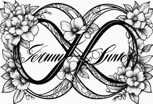 Infinity symbol with February, June, July and September birth flowers on one side and the date 8.30.1997 on the other side tattoo idea
