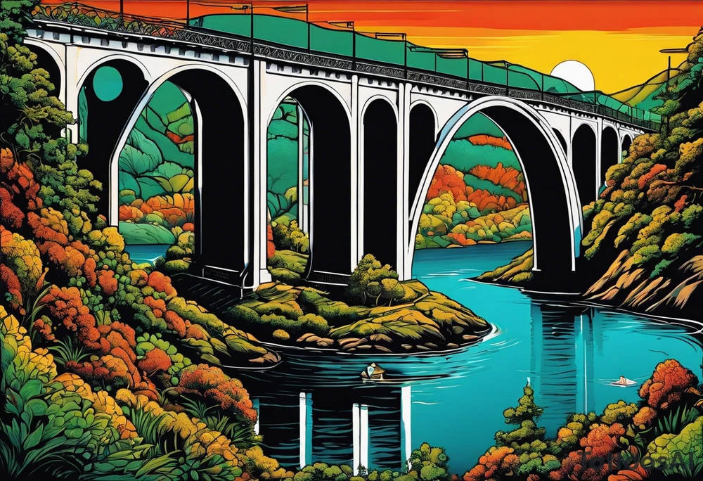 70's poster art, view from under cantilever bridge tattoo idea
