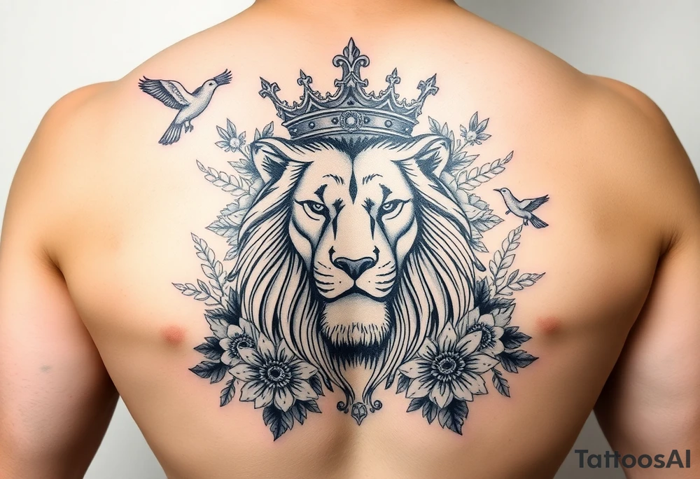 powerful majestic lion with a crown, surrounded by floral ornaments and birds tattoo idea