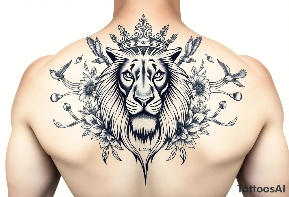 powerful majestic lion with a crown, surrounded by floral ornaments and birds tattoo idea