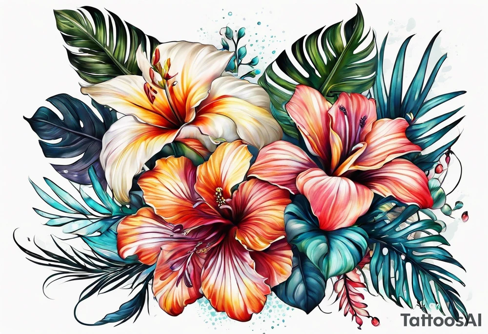 sea, flower, palm tattoo idea