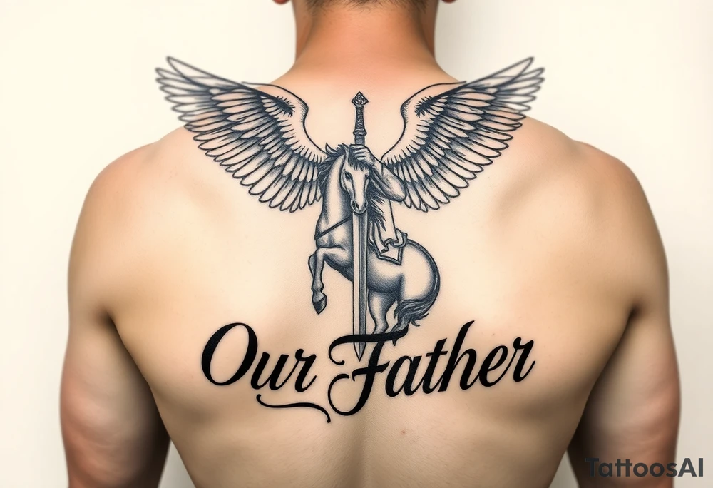 Archangel Michael on horseback with sword in the background beautiful letters prayer Our Father tattoo idea
