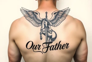 Archangel Michael on horseback with sword in the background beautiful letters prayer Our Father tattoo idea