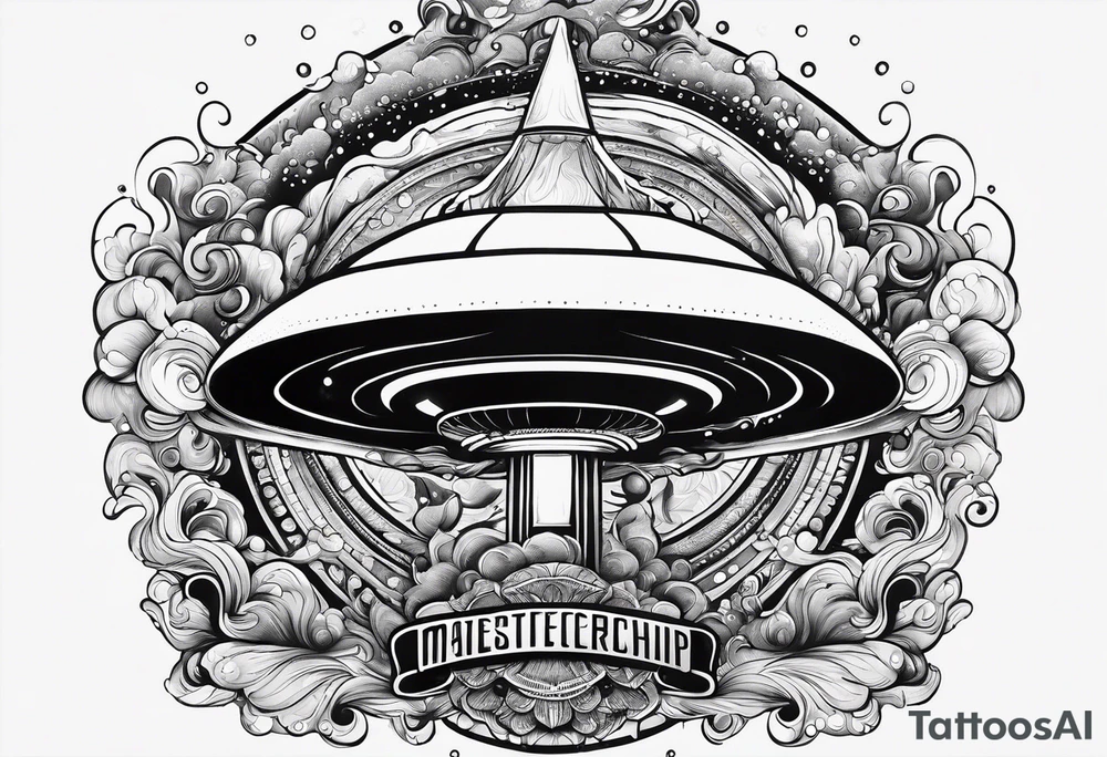 thinner rocketship with a psychedelic mushroom top with fire coming out the bottom bursting out of bubble as the bubble pops tattoo idea