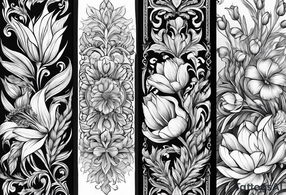 Vertical floral arm sleeve with wheat and dragonflower and florals and tulips tattoo idea