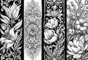 Vertical floral arm sleeve with wheat and dragonflower and florals and tulips tattoo idea