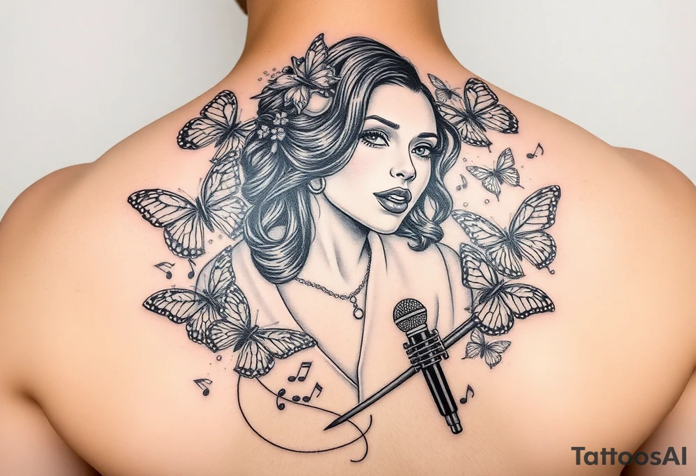 Faith Alice Ida Daiquan surrounded with butterflies, musical notes, needle and thread, microphone and drumstick tattoo idea