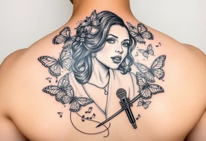 Faith Alice Ida Daiquan surrounded with butterflies, musical notes, needle and thread, microphone and drumstick tattoo idea