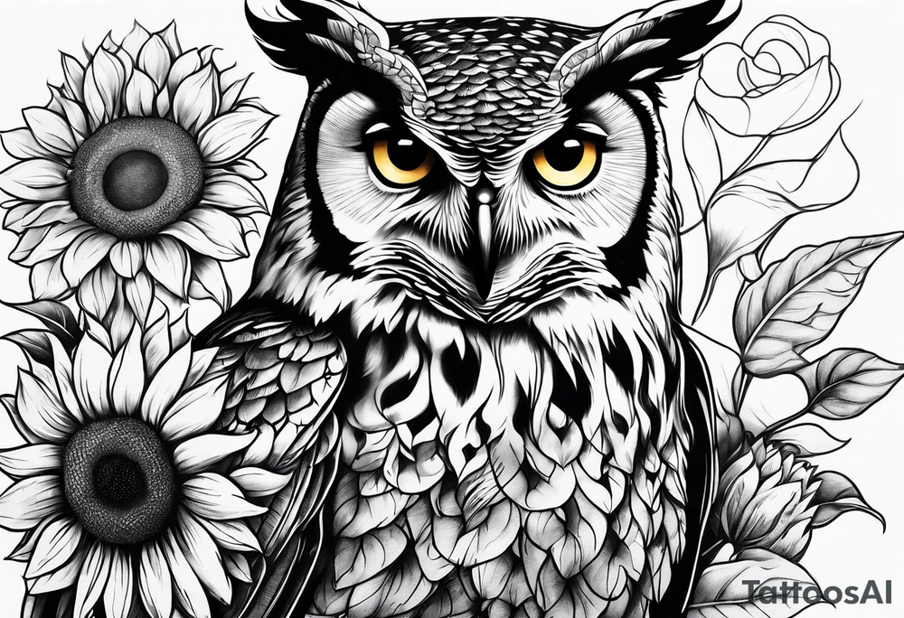Arm sleeve with owl and sunflowers tattoo idea