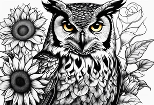 Arm sleeve with owl and sunflowers tattoo idea