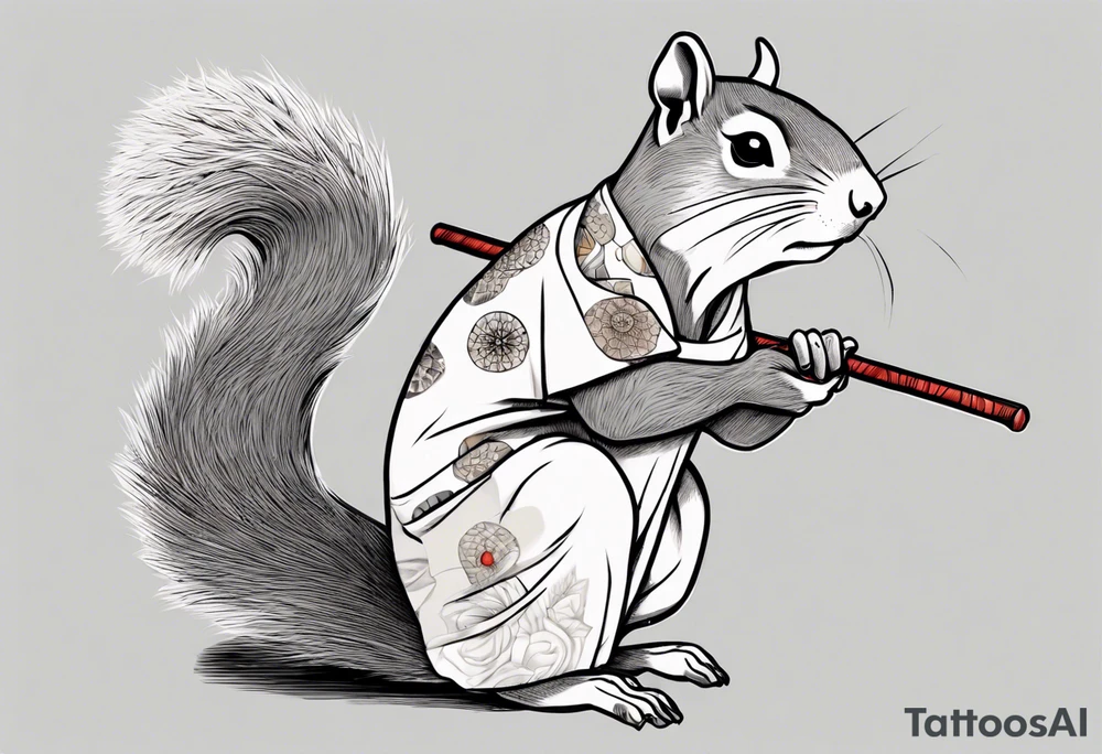 a sad grey squirrel dressed in a tunic holding a large white stick tattoo idea
