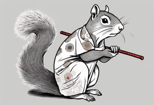 a sad grey squirrel dressed in a tunic holding a large white stick tattoo idea