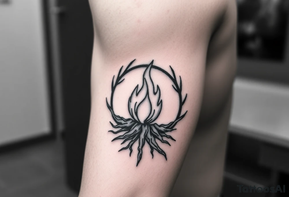 a round flame imprisoned in a roots circle tattoo idea