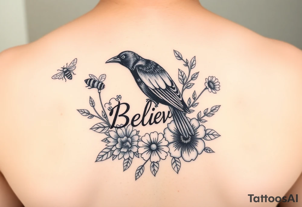 shoulder and three quarter sleeve.  Include crow, honey bee, dandelion puffball, daisy, poppy flower, hawaii flower, dragon flower, the word believe, sprite fairy, dog wood flower, dates: 01/20/85, 5/31/91, 6/10/99, surrounded by floral ornaments and leaves tattoo idea