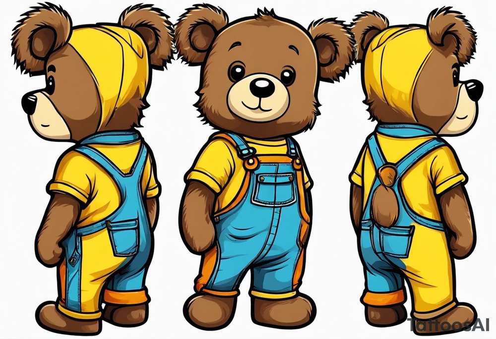 the back of one standing, skinny, brown ,
teddy bear in long, yellow overalls tattoo idea