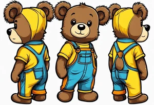 the back of one standing, skinny, brown ,
teddy bear in long, yellow overalls tattoo idea