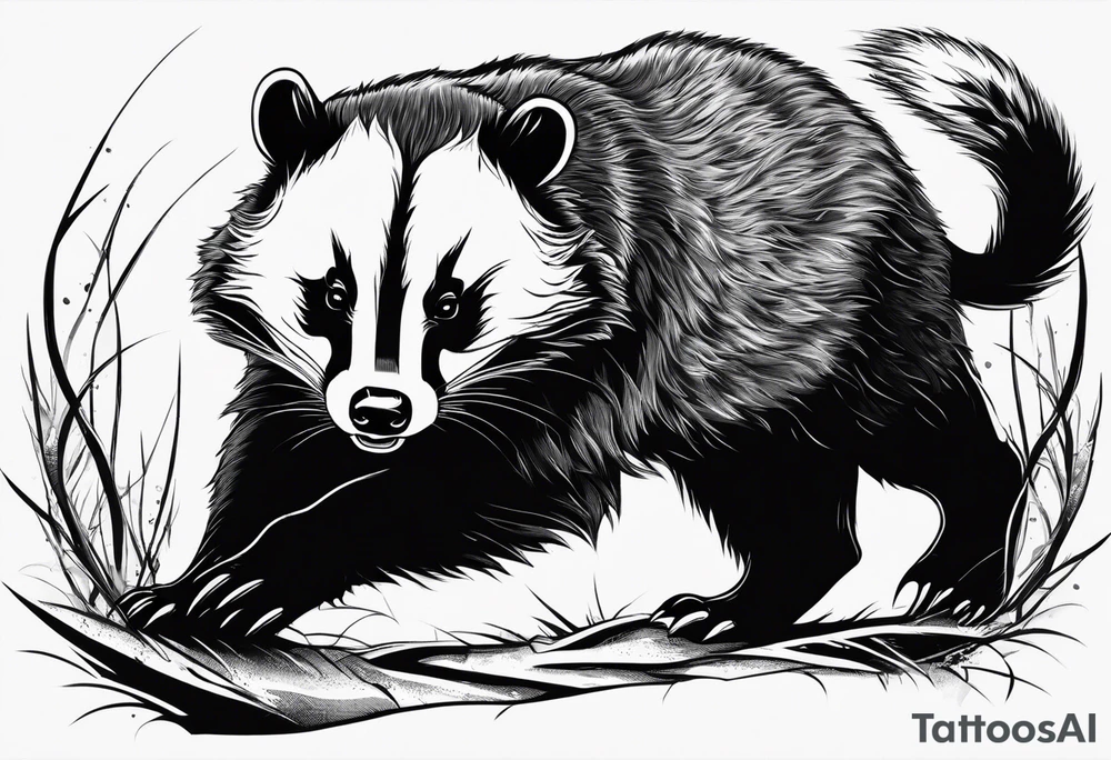 aggressive full body and killer face badger/wolverine with cute smile long nails and attacks tattoo idea