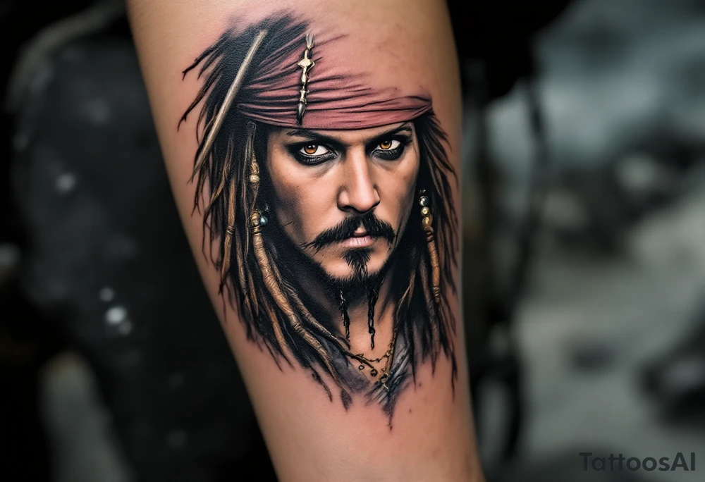 A dramatic portrait of Jack Sparrow with his signature wild hair and beaded braids. His face is full of personality, with his dark brown eyes and iconic mustache, all framed by a shadowy ocean background. Deep brown for hair, black and gray for the details, tan for the skin, with subtle hints of sea green and golden highlights. tattoo idea