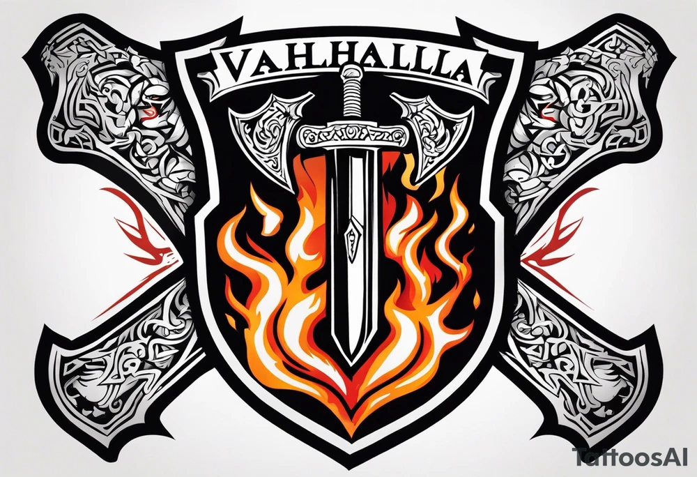 valhalla on fire
sword shield axe tattoo idea