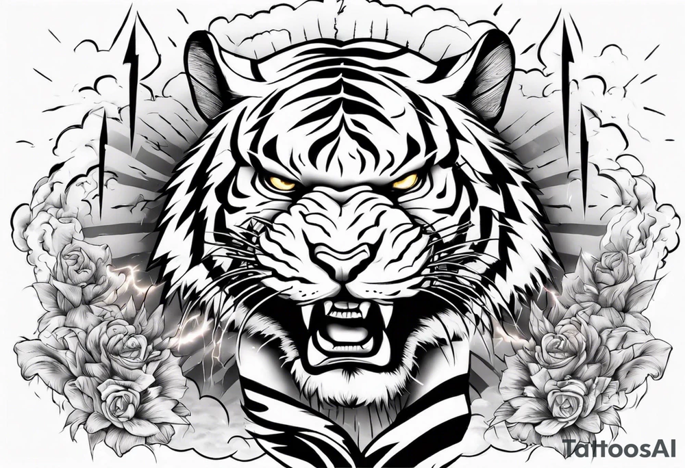 Tiger with lightning and the sun in the background for a sleeve tattoo tattoo idea