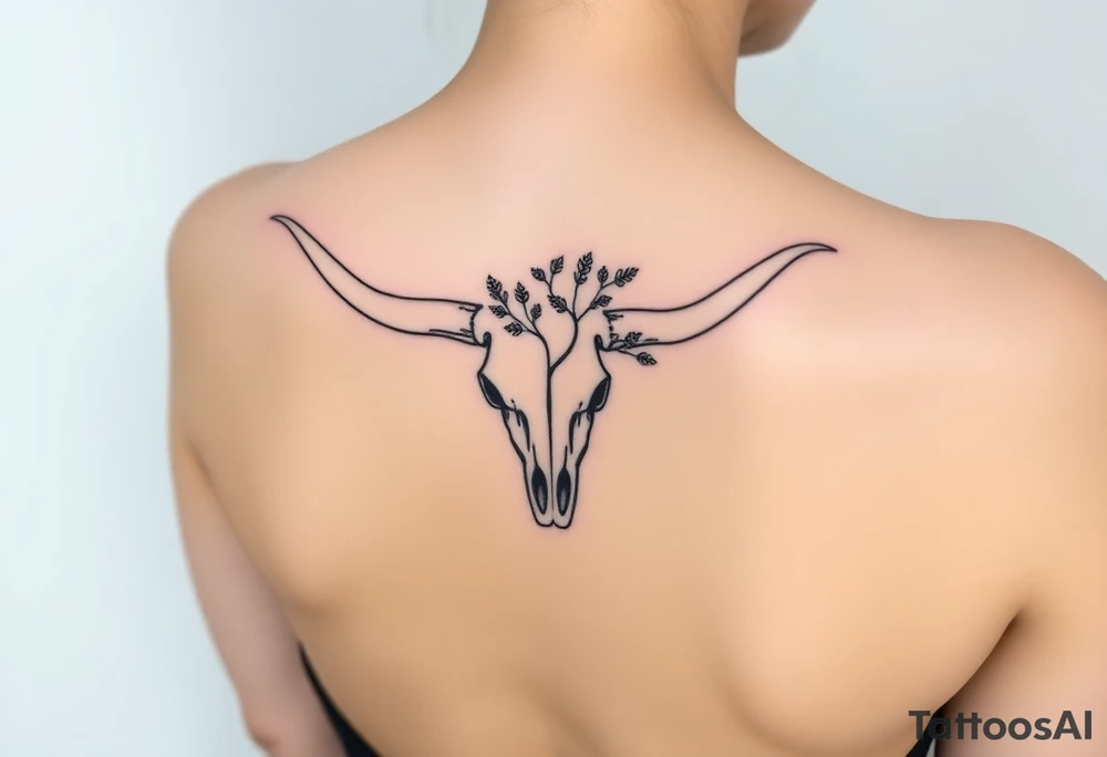 Texas Longhorn skull with tree growing out of it with flowers blooming tattoo idea