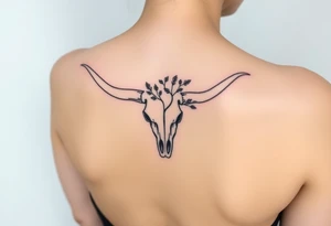 Texas Longhorn skull with tree growing out of it with flowers blooming tattoo idea