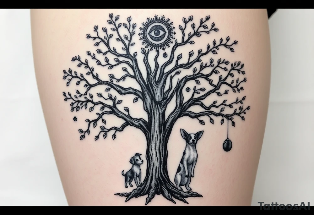 Hippy beech tree full of life. 
Jamie, Derek, Iris, John, bill, Winnie names in the roots, Mavis, Garhi, Mickey, Pam, Lucy, in the branches at the top. Names can be in Hebrew. 
Three dogs a Rhodesian Ridgeback, King Charles cavalier and chihuahua. 
Prett, feminine ornate. Boxing gloves hanging from tree maybe with an all seeing eye overseeing it all. Must be feminine and pretty tattoo idea