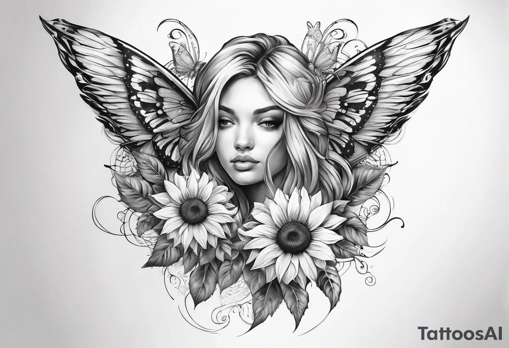 Sleeve with angel wings, sunflower and butterfly tattoo idea