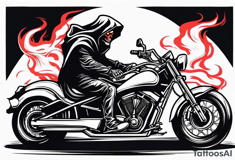 Grim Reaper on adventure motorcycle
on fire with red glowing eyes tattoo idea