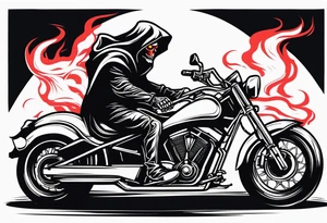 Grim Reaper on adventure motorcycle 
on fire with red glowing eyes tattoo idea