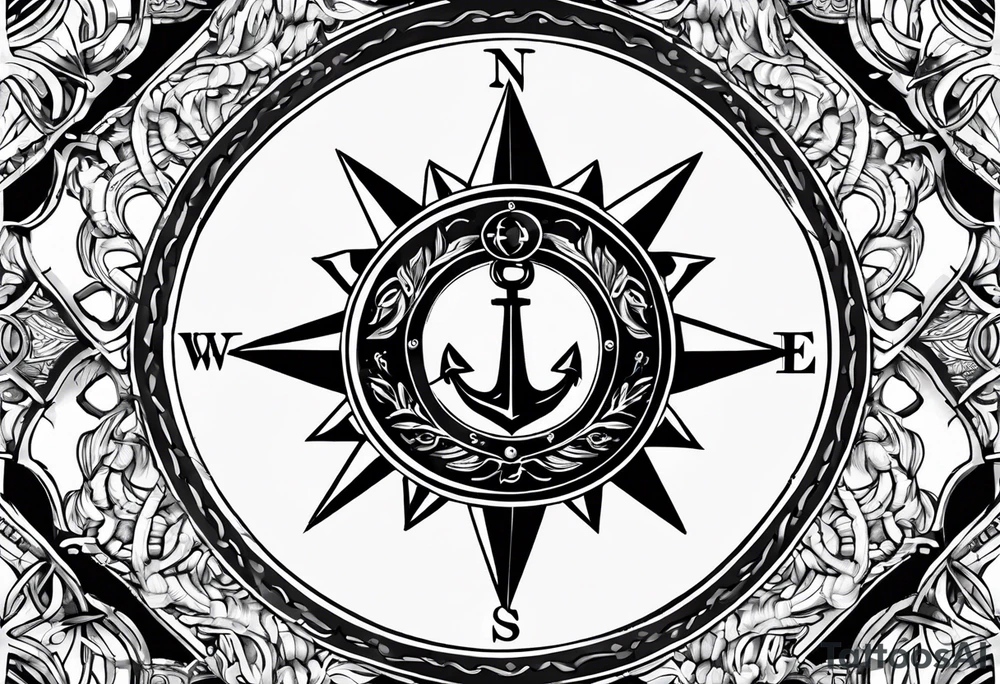 A selucid style anchor in front of a compass with north south east west marked on it and a narrow laurel wreathe wrapped around the compass tattoo idea