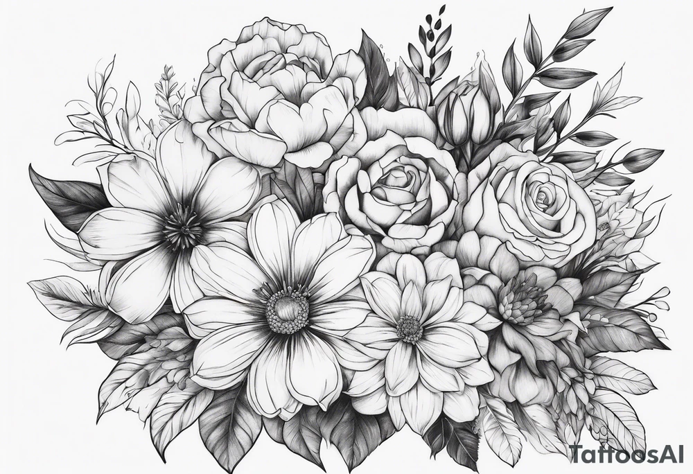 fine line floral bouquet tattoo idea