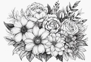 fine line floral bouquet tattoo idea