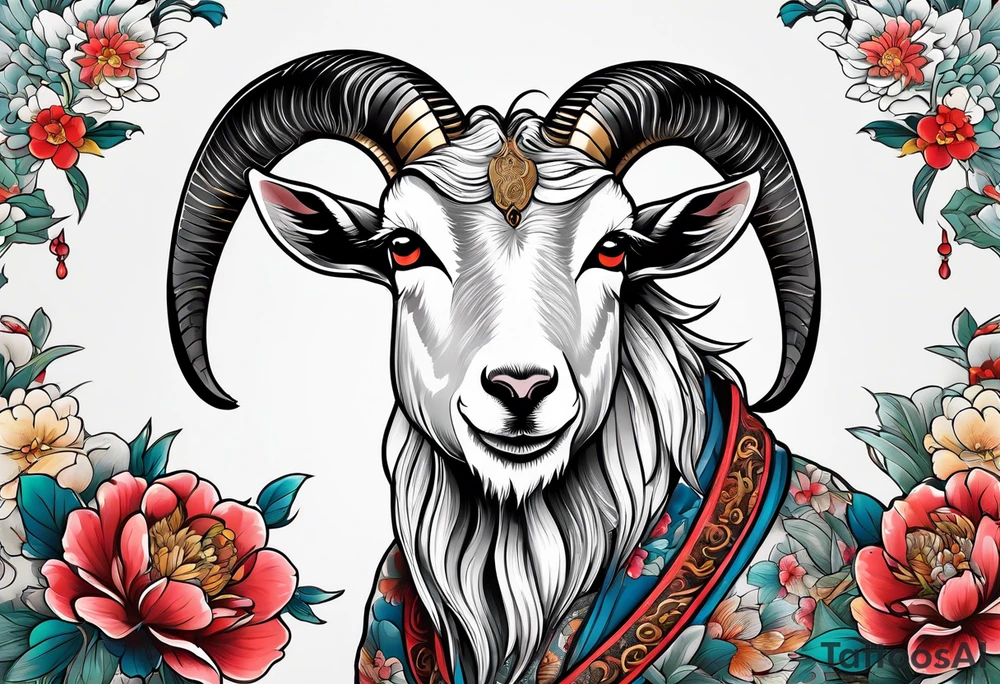 traditional chinese style goat with full body tattoo idea