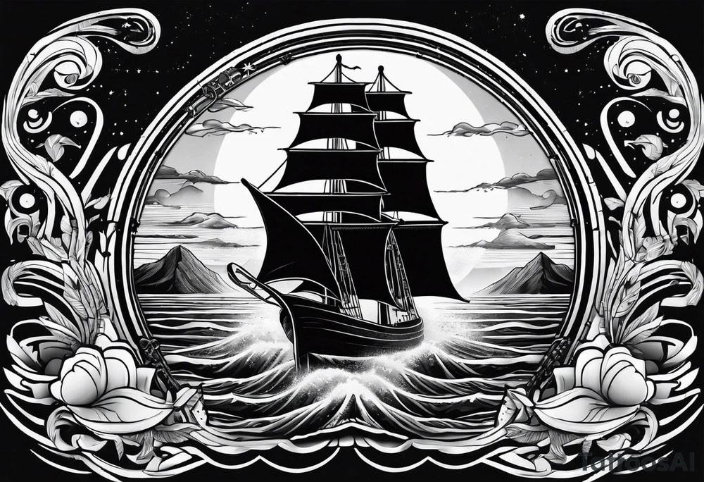 synthwave sun, fender stratocaster, ancient ship tattoo idea