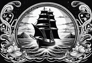 synthwave sun, fender stratocaster, ancient ship tattoo idea