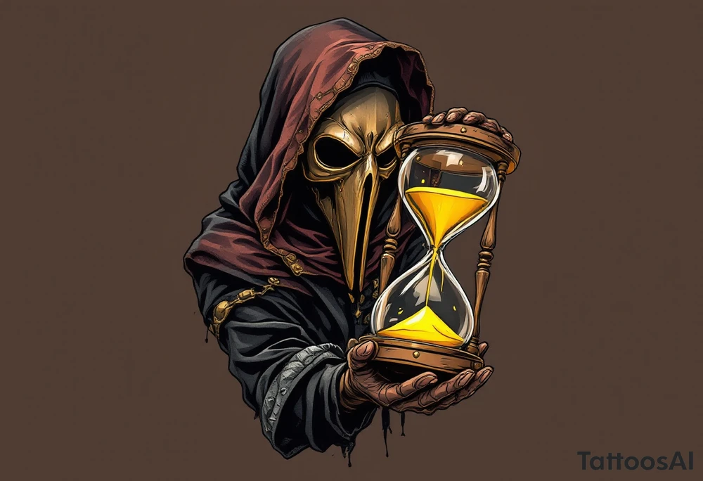 Plague Doctor with Hourglass – A mysterious plague doctor with tipical mask holding an old wooden hourglass with golden sand flowing inside. The mask is deep brown with brass accents, and the robe is black with silver lining. tattoo idea