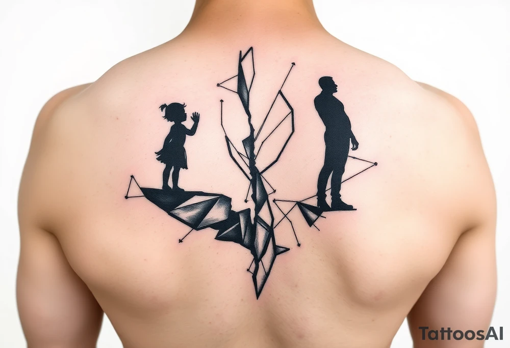 Shattered mirror tattoo design, geometric mirror shards floating, dual reflection showing silhouette of small child reaching upward on one side and strong adult figure on opposite side, fragments create the complete image when viewed together, black ink with geometric patterns, negative space important, upper arm wrap design, abstract symbolic style, transformation theme tattoo idea