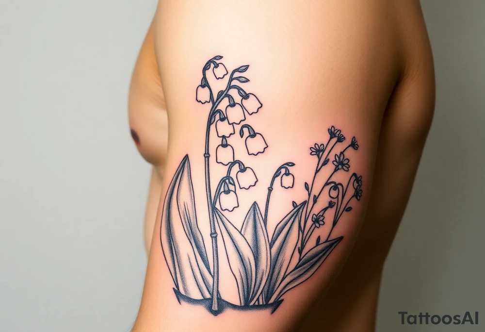 Small White lily in the valley bells growing next to other different colored lilie plants planted 
Under a blooming hawthorn tree tattoo idea