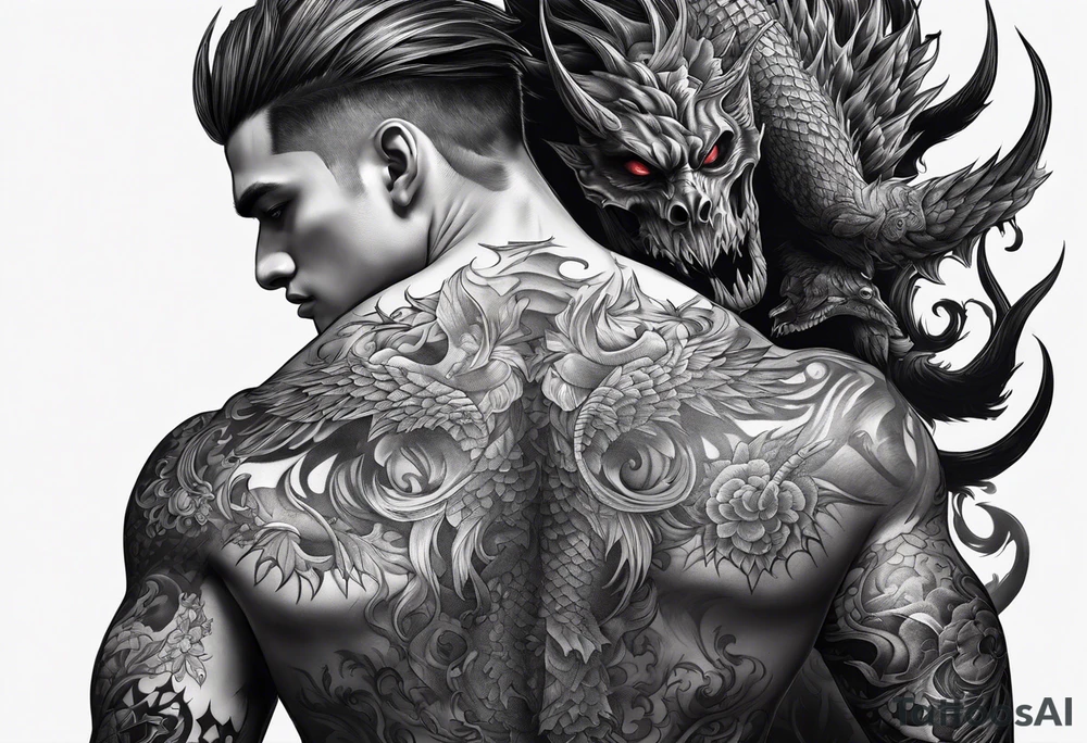Shadow demon clawing at a mans back tattoo idea