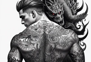 Shadow demon clawing at a mans back tattoo idea
