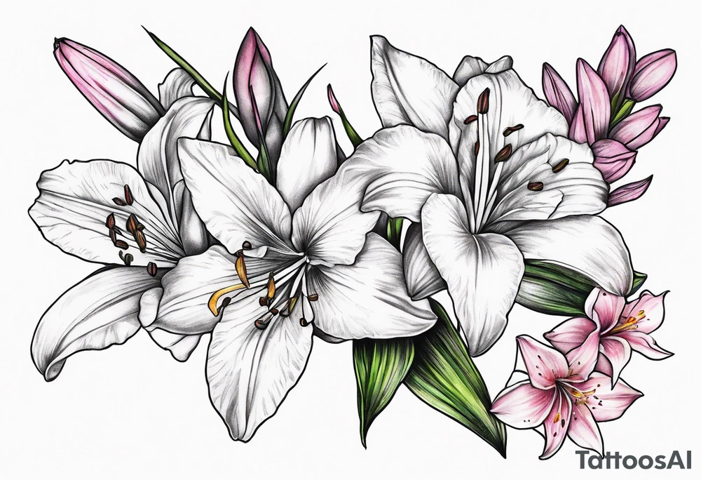 Lily, gladioli, cherry blossom, forget me nots tattoo idea