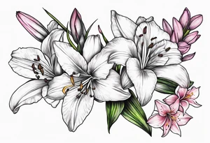 Lily, gladioli, cherry blossom, forget me nots tattoo idea