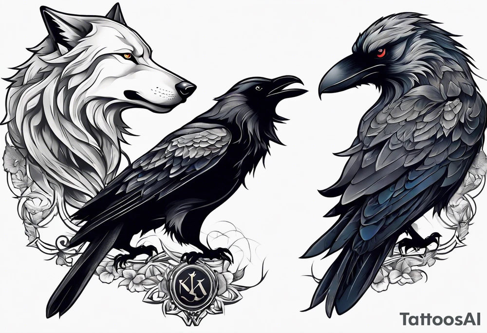 a wolf and a raven back to back facing opposite direction tattoo idea