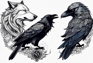 a wolf and a raven back to back facing opposite direction tattoo idea