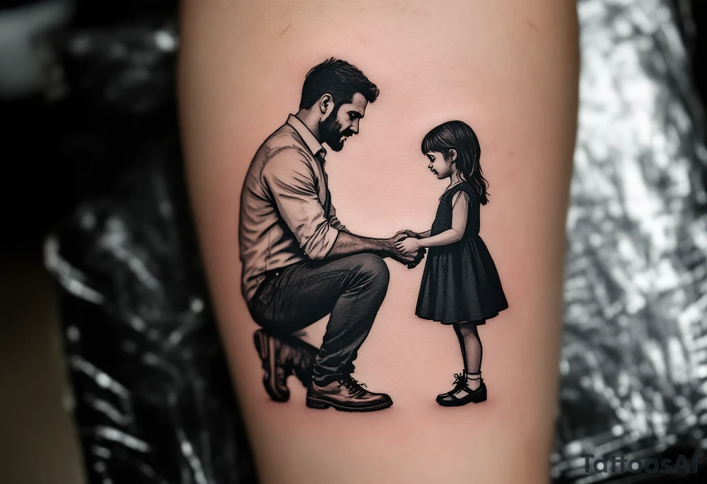 Tattoo of a father kneeling to tie his daughter’s shoes, drawn in detailed silhouette with slight warm gray shading. tattoo idea