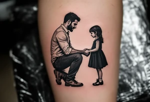 Tattoo of a father kneeling to tie his daughter’s shoes, drawn in detailed silhouette with slight warm gray shading. tattoo idea